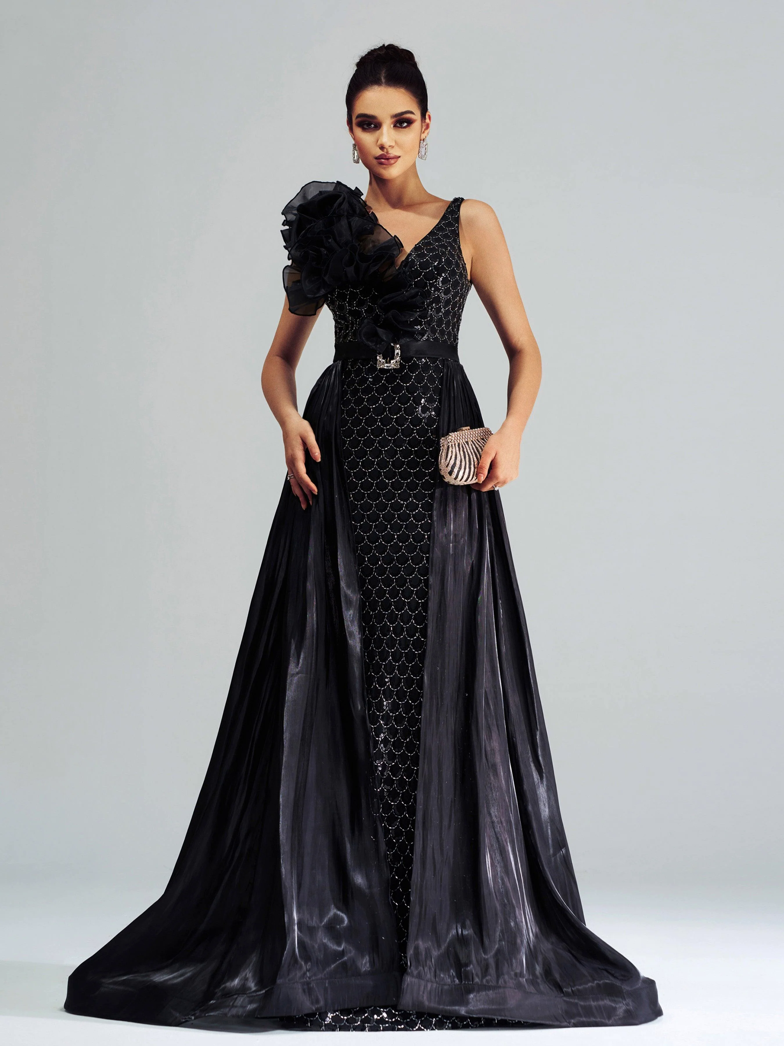 Ruffled Backless Mesh Cape Evening Dress DH80079