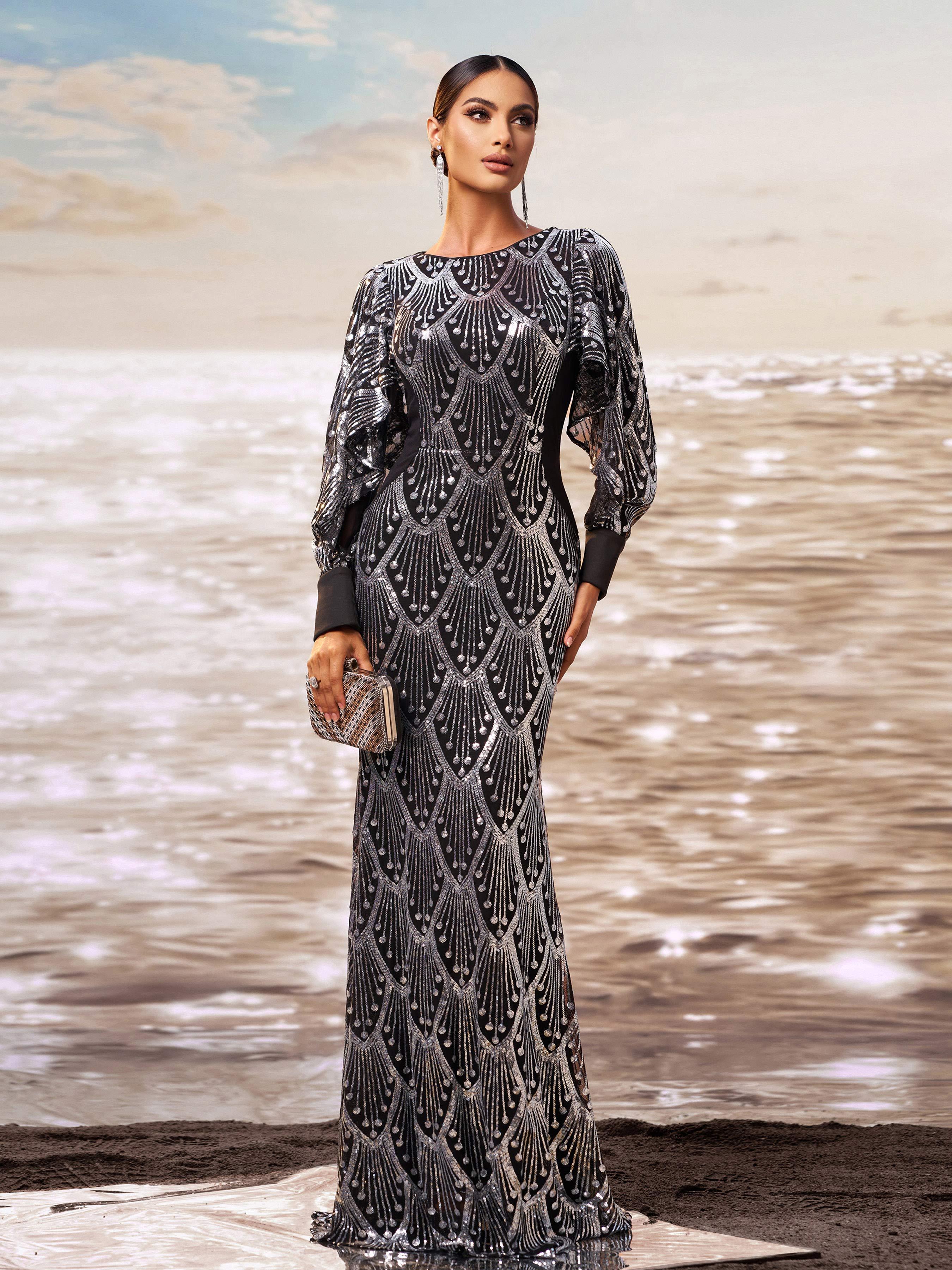 Classic Black Sequin Ballon Sleeve Prom Dress DH80287
