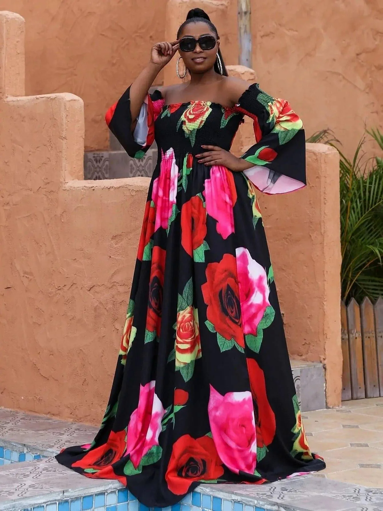 Missord Plus Floral Print Shirred Bardot Dress P0121